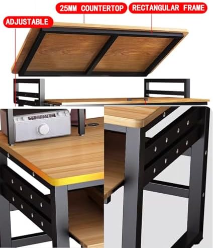 Multi-Tier Music Production Desk, Computer Workstation with MIDI Keyboard Shelf, Stylish Wood & Black Metal Frame for Home Studio, Brown Finish