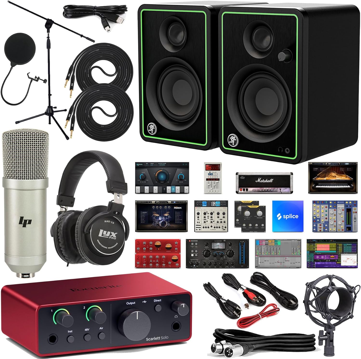 Focusrite Scarlett Solo 4th Gen Recording Bundle with Mackie CR4-X Powered Monitors, Studio Condenser Mic, Headphones, Boom Stand & Full Production Software