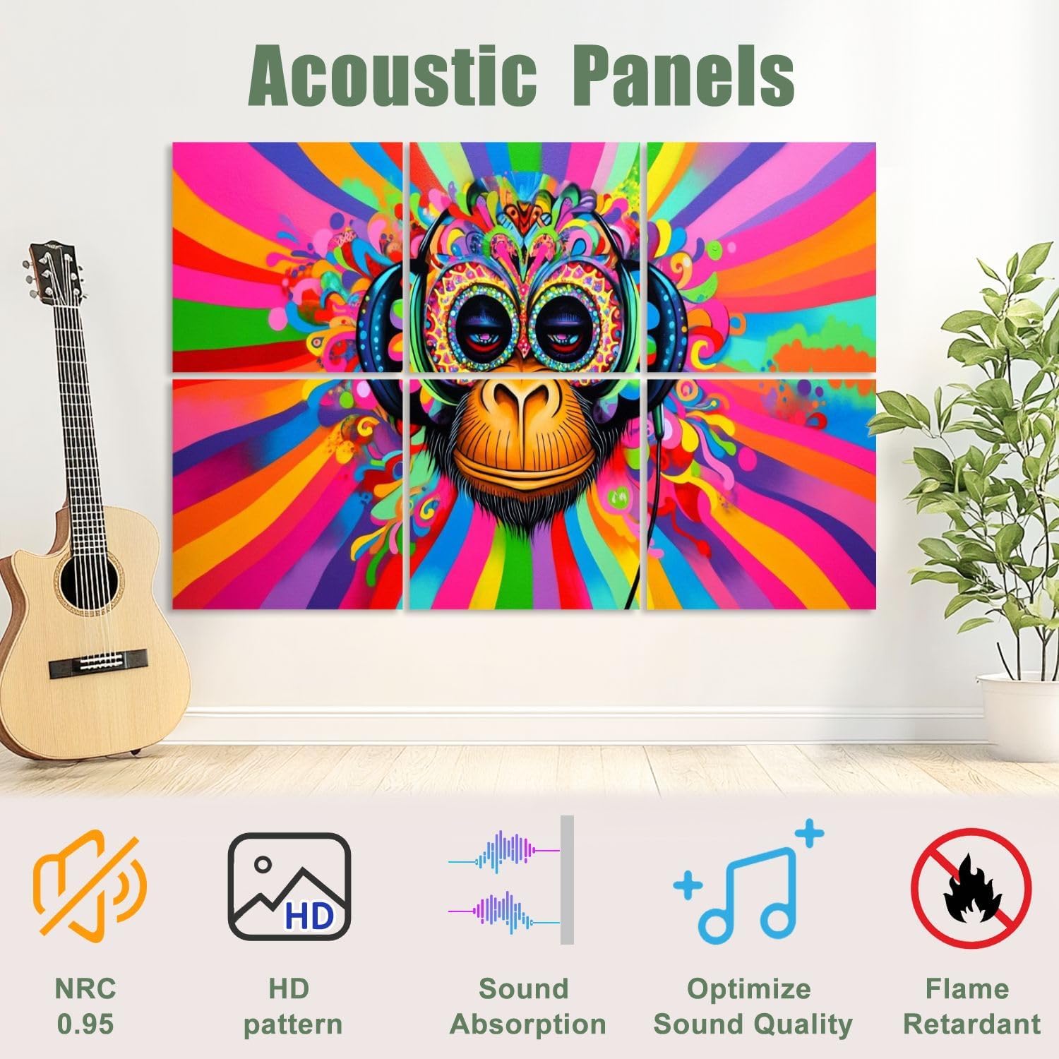 6 Pack Art Acoustic Panels Sound Absorbing Graffiti Monkey Headphones Street Pop Art Colorful Radiating Patterns Decorative Soundproof Wall Panels Self Adhesive for Recording Studios Office 72