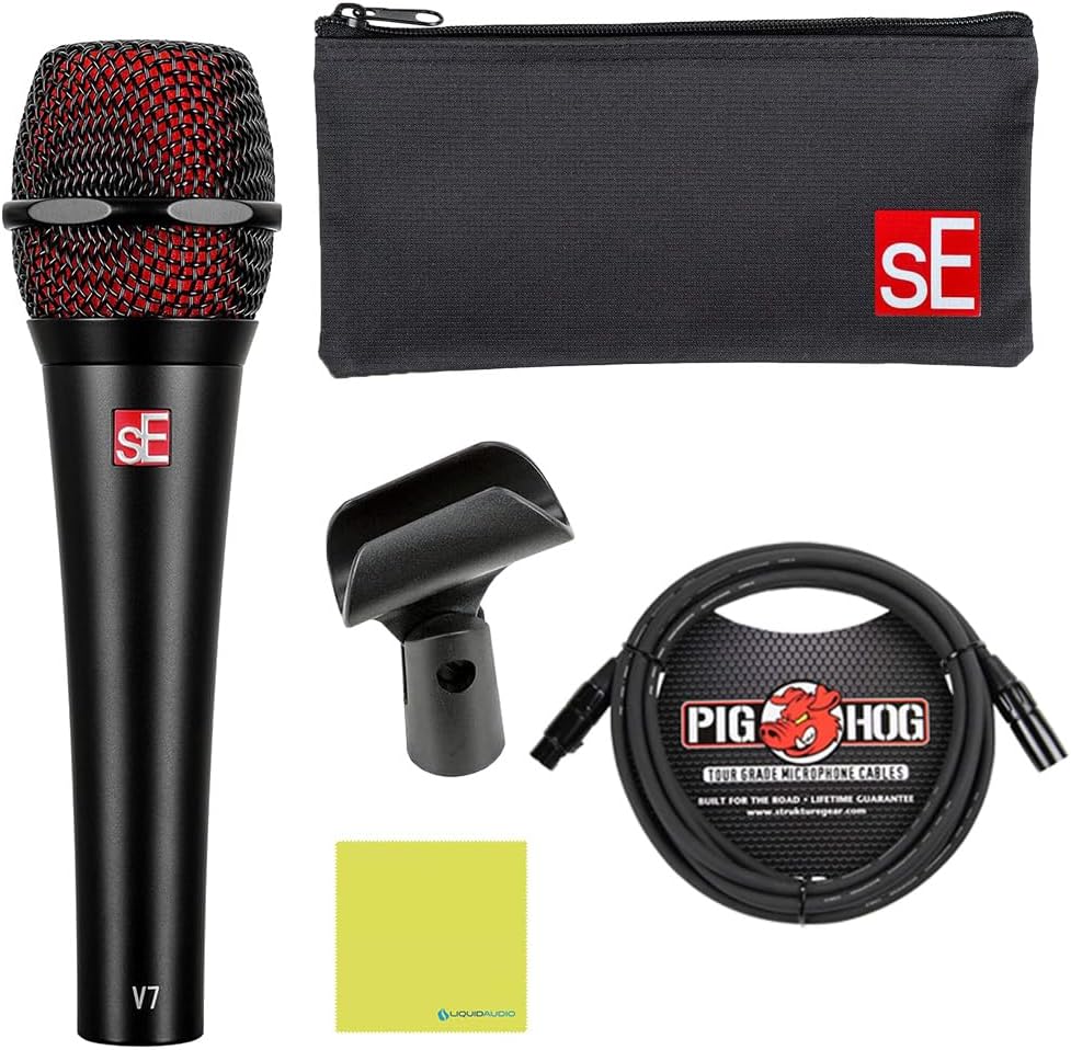 sE Electronics V7 Supercardioid Dynamic Vocal Microphone in Black Finish Bundle w/Pig Hog PHM10 8mm Mic Cable Polishing Cloth