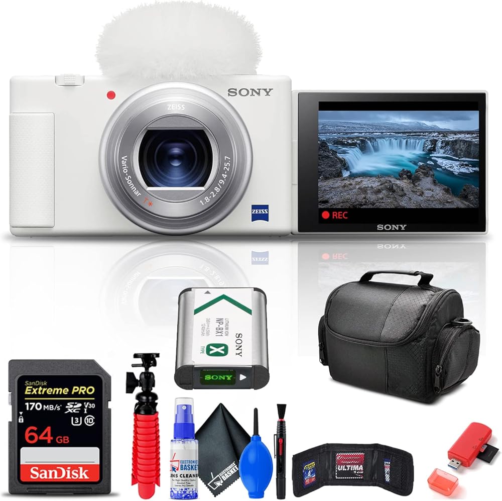 Sony ZV-1 Digital Camera (White) (DCZV1/W) + 64GB Memory Card + Card Reader + Deluxe Soft Bag + Flex Tripod + Memory Wallet + Cleaning Kit (Renewed)