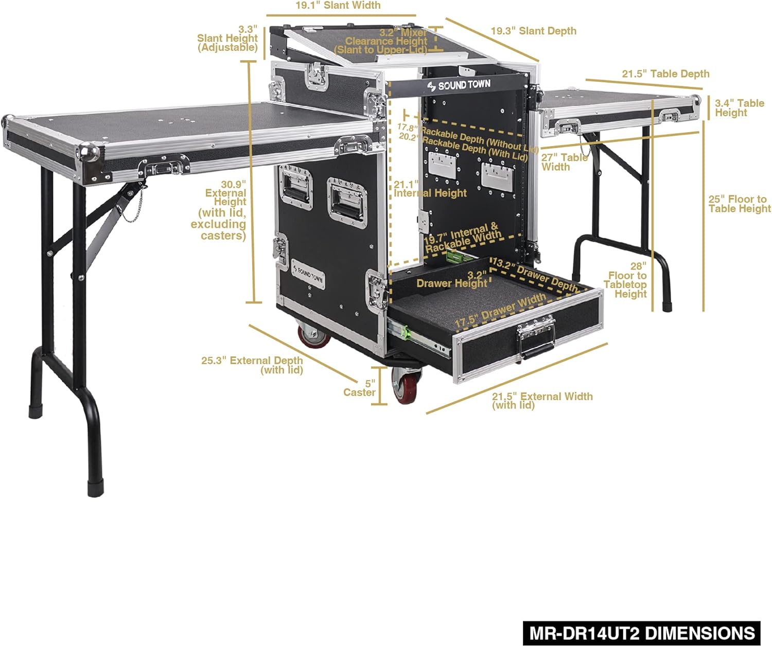 Sound Town 14U PA DJ Pro Audio Rack/Road ATA Case with 2U Drawer, 11U Slant Mixer Top, Two DJ Work Tables, Casters, Pro Tour Grade (MR-DR14UT2)