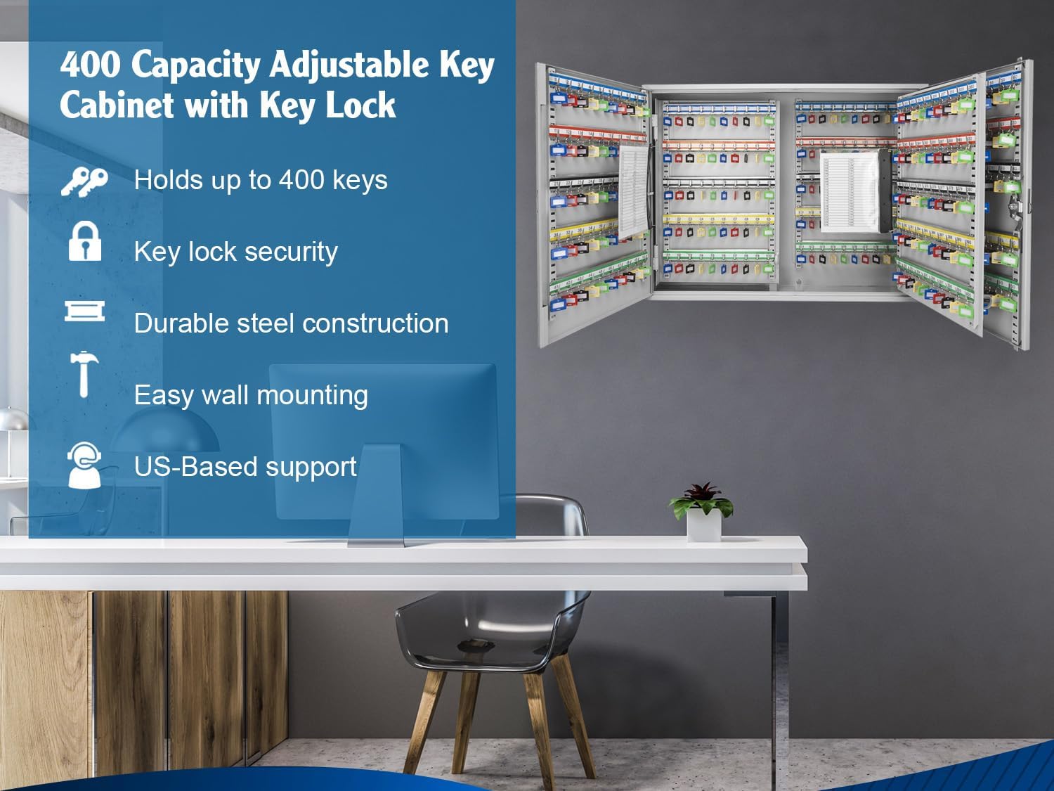 Barska 400 Position Key Cabinet with Adjustable Numbered Hooks – Wall Mount Steel Key Organizer Safe with Index Log, Key Tags & Lockable Door for Office or Business Use