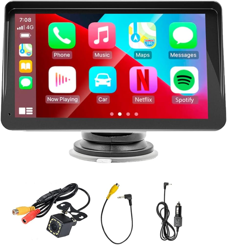 Eaglerich Portable Carplay Screen Wireless Carplay & Android Auto Car Stereo Receiver 7Inch Touch Screen Bluetooth5.0 Handsfree/Mirror Link/AUX/FM/TF/USB Built-in Speaker+12Led Camera