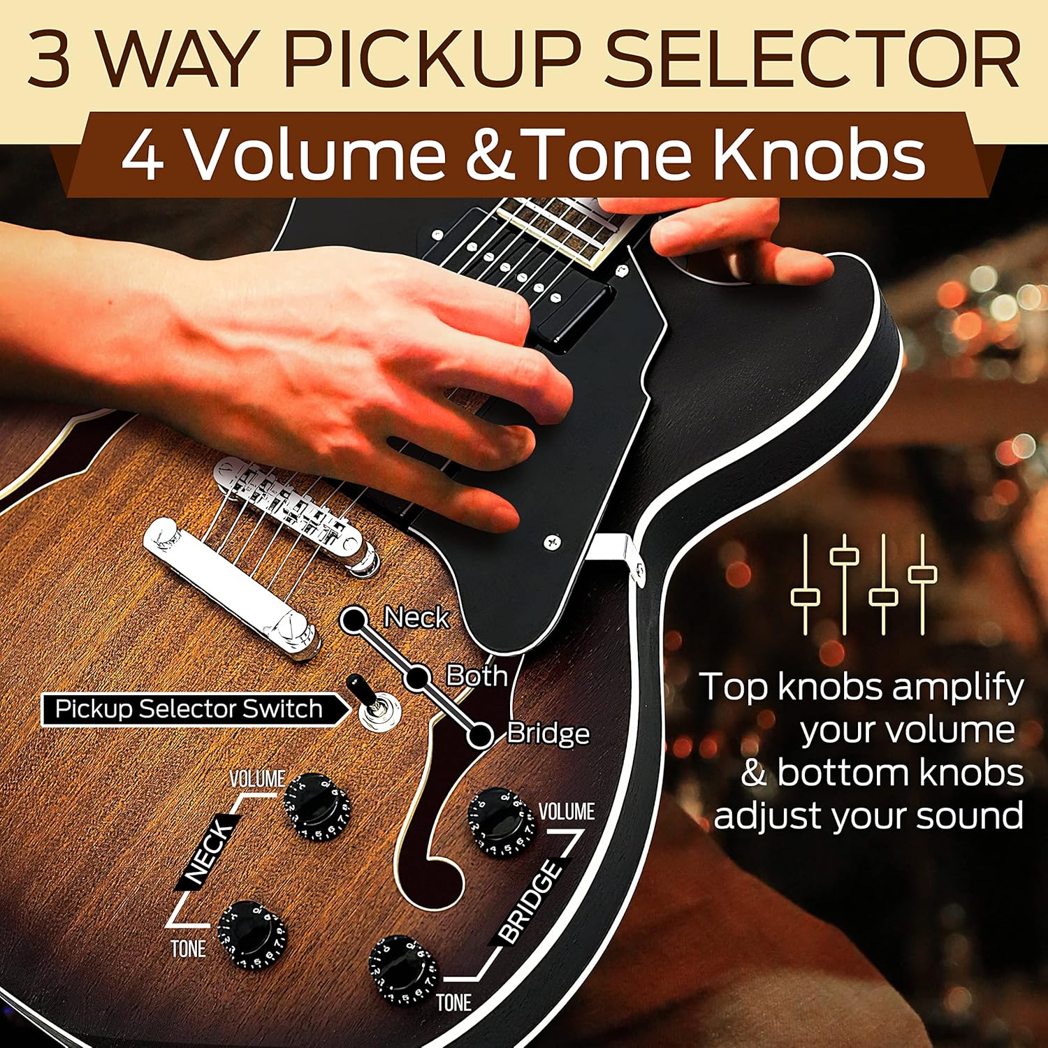 Pyle, Semi Hollow Electric Guitar ,Electric Guitar Kit ,Jazz Style, 6 String w/ Gig Bag and Accessories, Full Size - 41.8