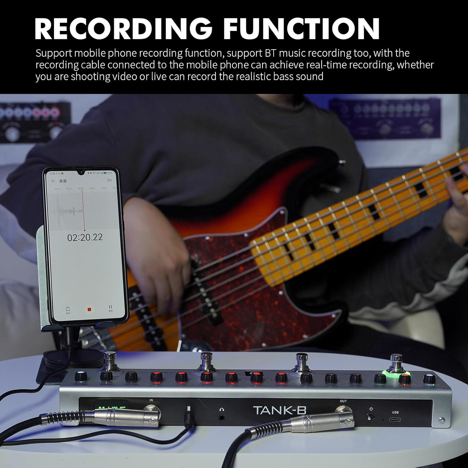 Guitar Pedal Multi Effects Bass with 36 Editable Presets, Chorus, Amp, Delay, Reverb, MOD, IR CAB, Music Recording, Tuner, Built-in Battery, BT Connection Digital Electric Bass Effector Bluetooth