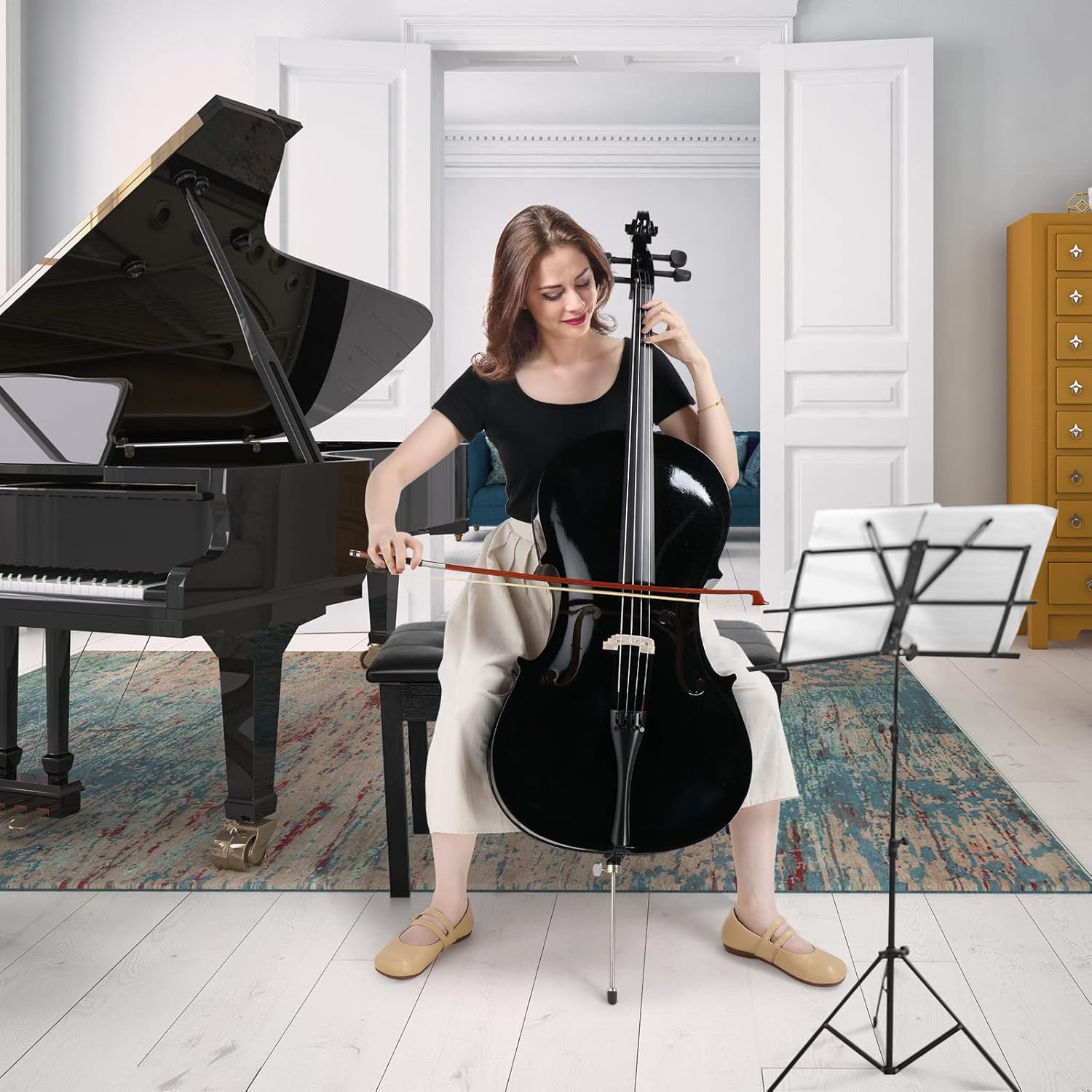 Ktaxon Full-Size Cello, Beginner Cello 4/4, Acoustic Cello Set with Portable Bag, Bow, Rosin, Bridge, Adults & Kids String Musical Instruments(Black)