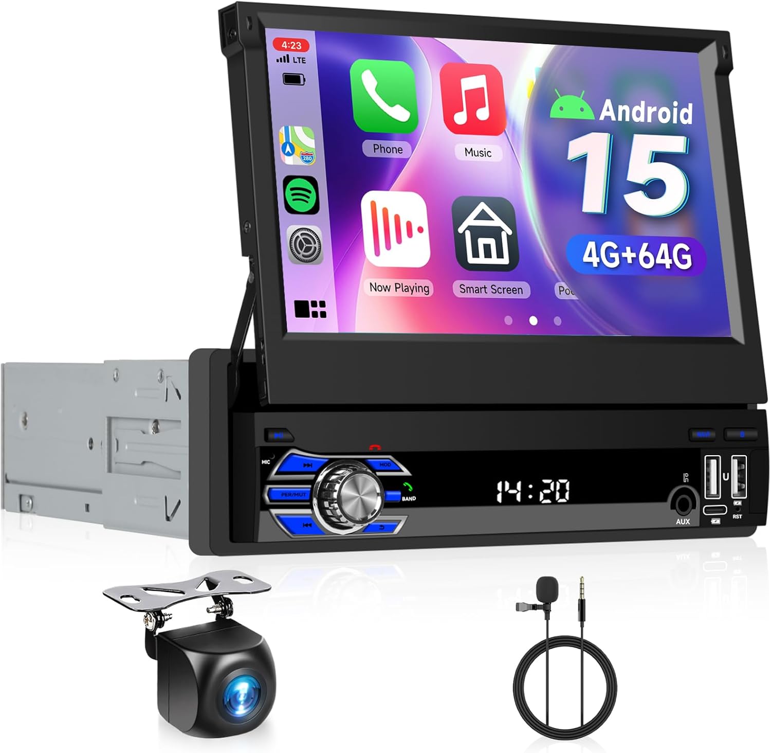 4G+64G Android Single Din Touch Screen Car Stereo with GPS Navigation Bluetooth Wireless Carplay Android Auto, Driauto 7 Inch Flip Out 1 Din Car Radio WiFi FM/RDS EQ Type-C/USB/SWC+AHD Backup Camera