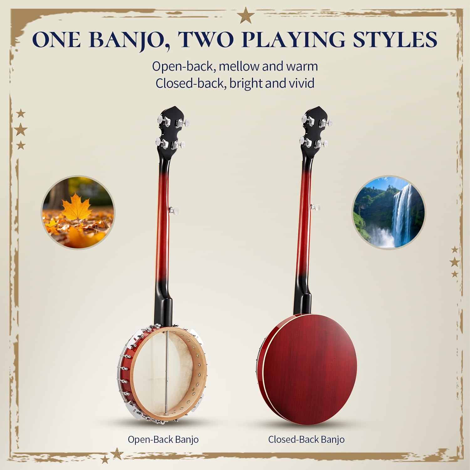 AKLOT Full-Sized Banjo with Remo Head: 38’’ 5 String Banjo Set with Removable Resonator, Geared 5th Tuner, 24 Brackets, Deluxe Beginner Kit with Gig Bag, Strings, Strap, Picks, Tuner, Bridge Ruler