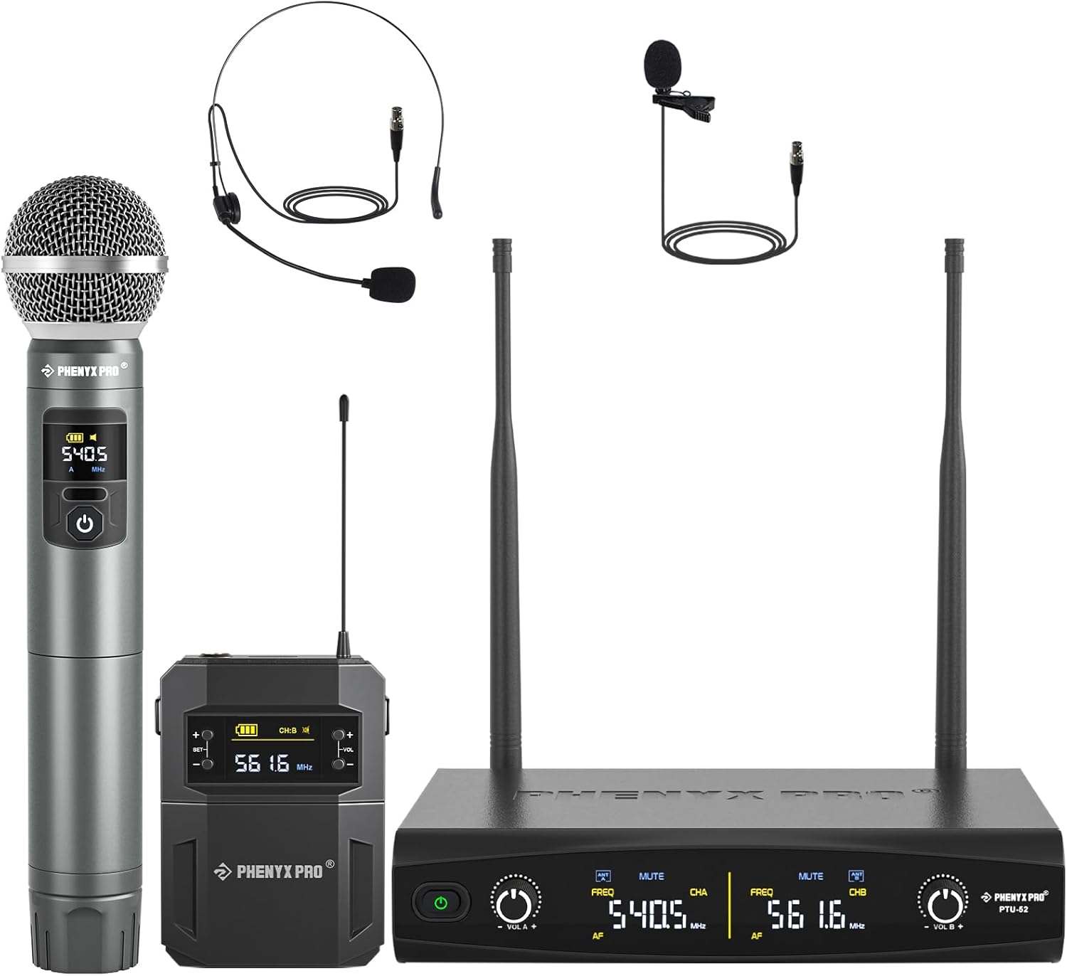 Phenyx Pro UHF Wireless Handheld Microphone System PTU-52-1H1B Bundle with 6Ft XLR Snake Cable