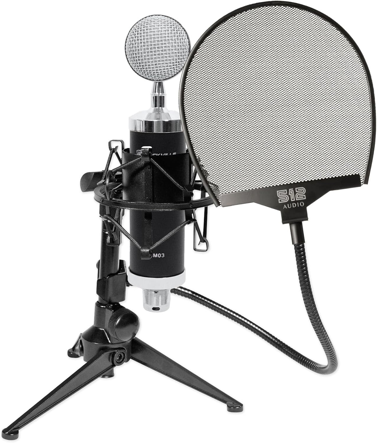 Rockville RCM03 Bundle: Podcasting Condenser Microphone with Metal Shock Mount, RDTS Adjustable Desktop Tripod Stand, 512-POP Professional Metal Pop Filter, 3-Items