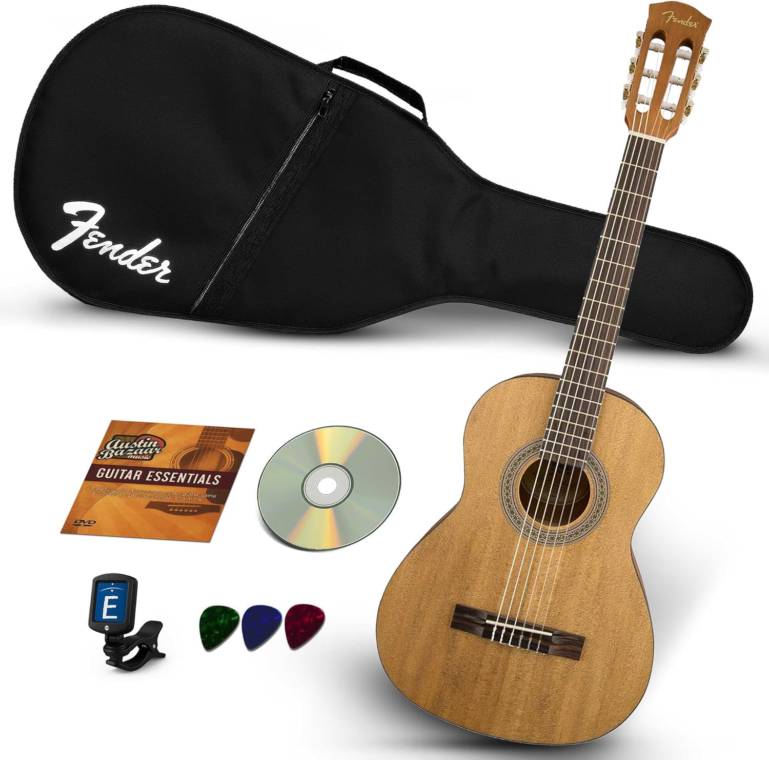 Fender FA-15N 3/4-Size Kids Classical Guitar - Natural Learn-to-Play Bundle with Gig Bag, Tuner, Picks and Austin Bazaar Instructional DVD
