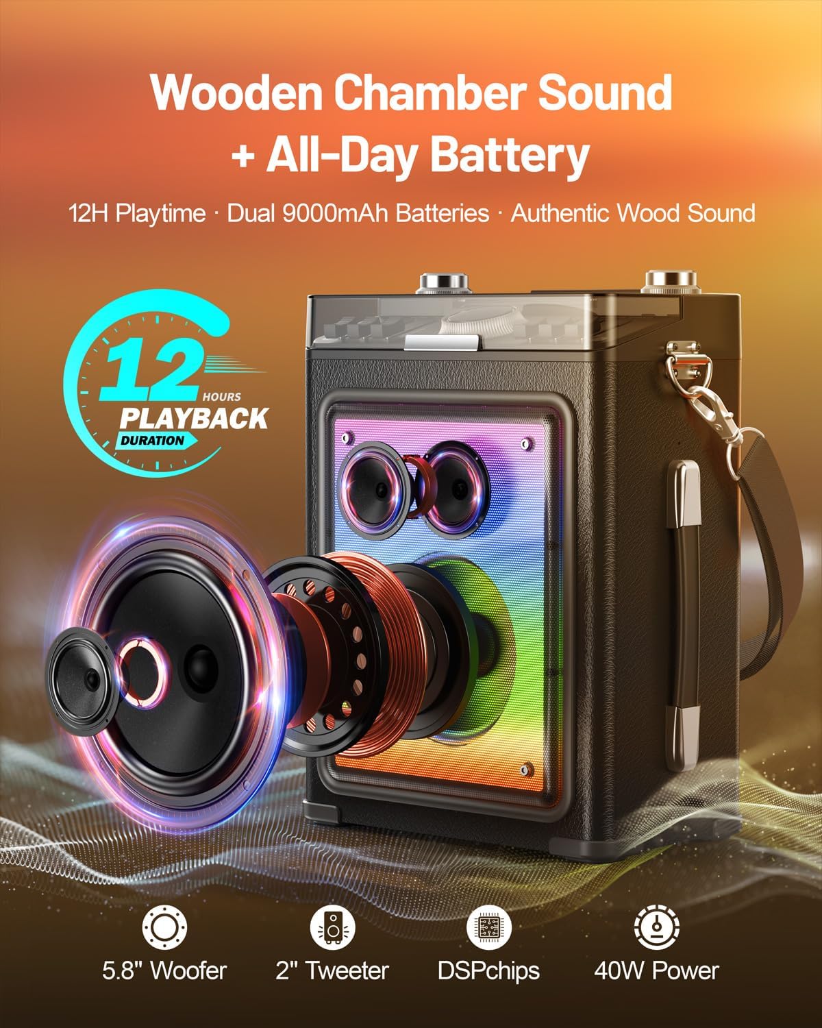 Karaoke Machine for Adults with 2 Wireless Microphones & Guitar Input, Professional Bluetooth 5.3 Speaker, Portable Wooden Karaoke PA System with Bass/Treble Adjustable for Backyard, Home Party