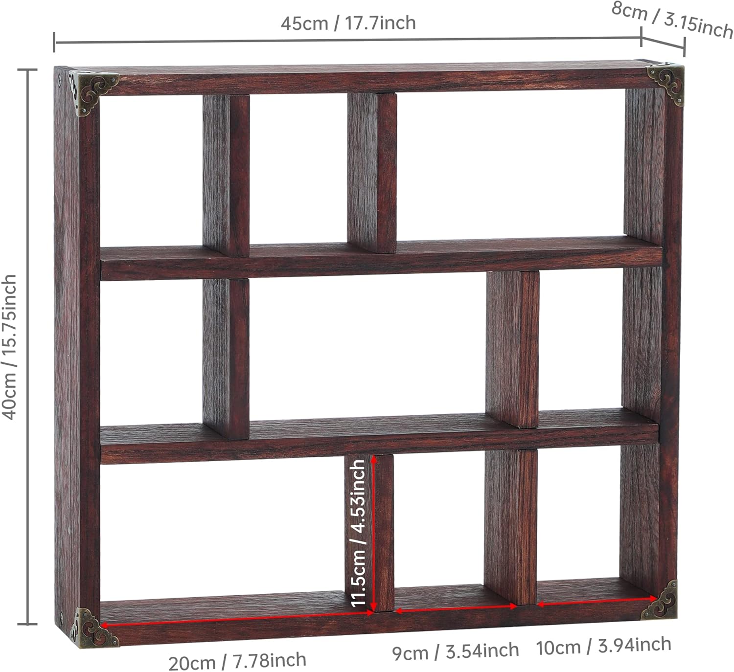 FIRMINANA Rustic Shadow Box Shelf,17.7x15.7-Inch Wall-Mounted (Vertical or Horizontal),9-Slot Rustic Wood Floating Shelves,Lightweight Solid Wood Display Shelf for Shot Glass (Walnut)