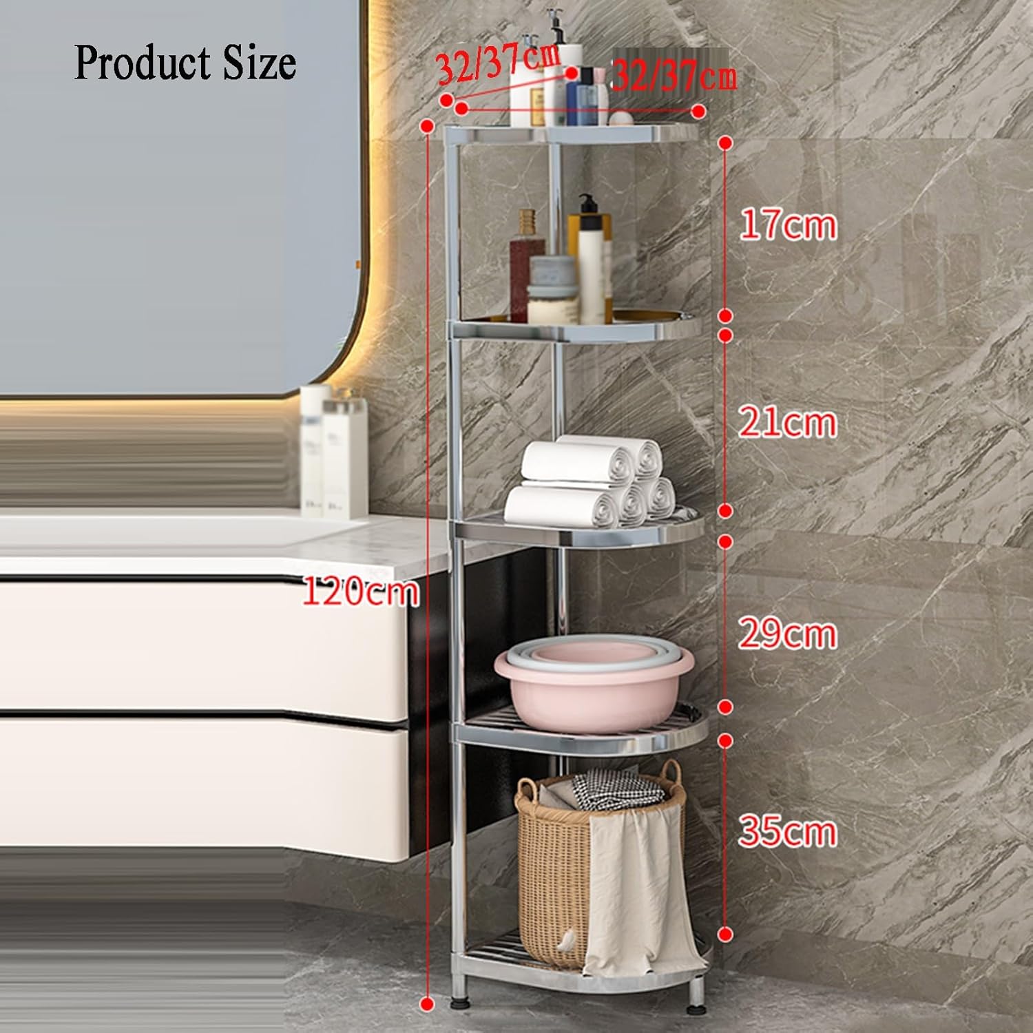 2/3/4 Tier Storage Rack, Adjustable Storage Rack, 2/3/4 Tier Corner Stainless Steel Rack for Entryway, Living Room, Narrow Space, Pantry, Bathroom(37 X 37 X 63cm) ()