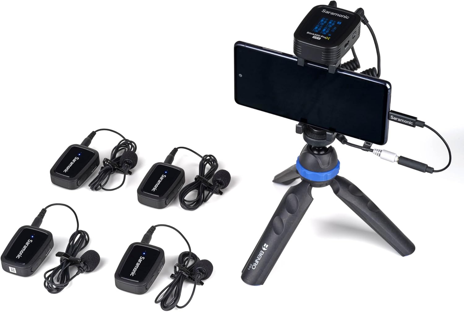 Saramonic Blink 500 Prox B8 4-Person Wireless Lavalier Microphone, 2.4GHz, 328ft Range, 4 Transmitters & 1 Receiver, 24-Bit Sound, for DSLR, Camcorder, Smartphone, YouTube, Interview, Podcast