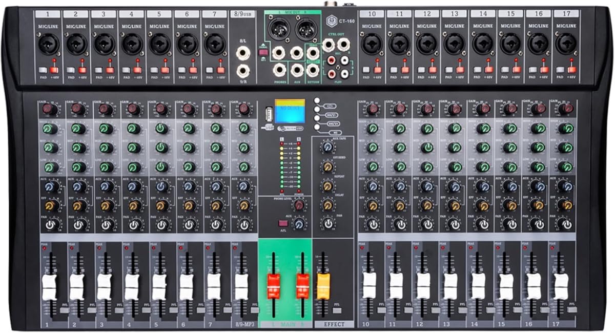 16 Channel Audio Mixer Console-Bluetooth USB Recording Studio Mixer with Reverb FX | 48V Phantom Power & MP3 Player | for Live DJ Karaoke