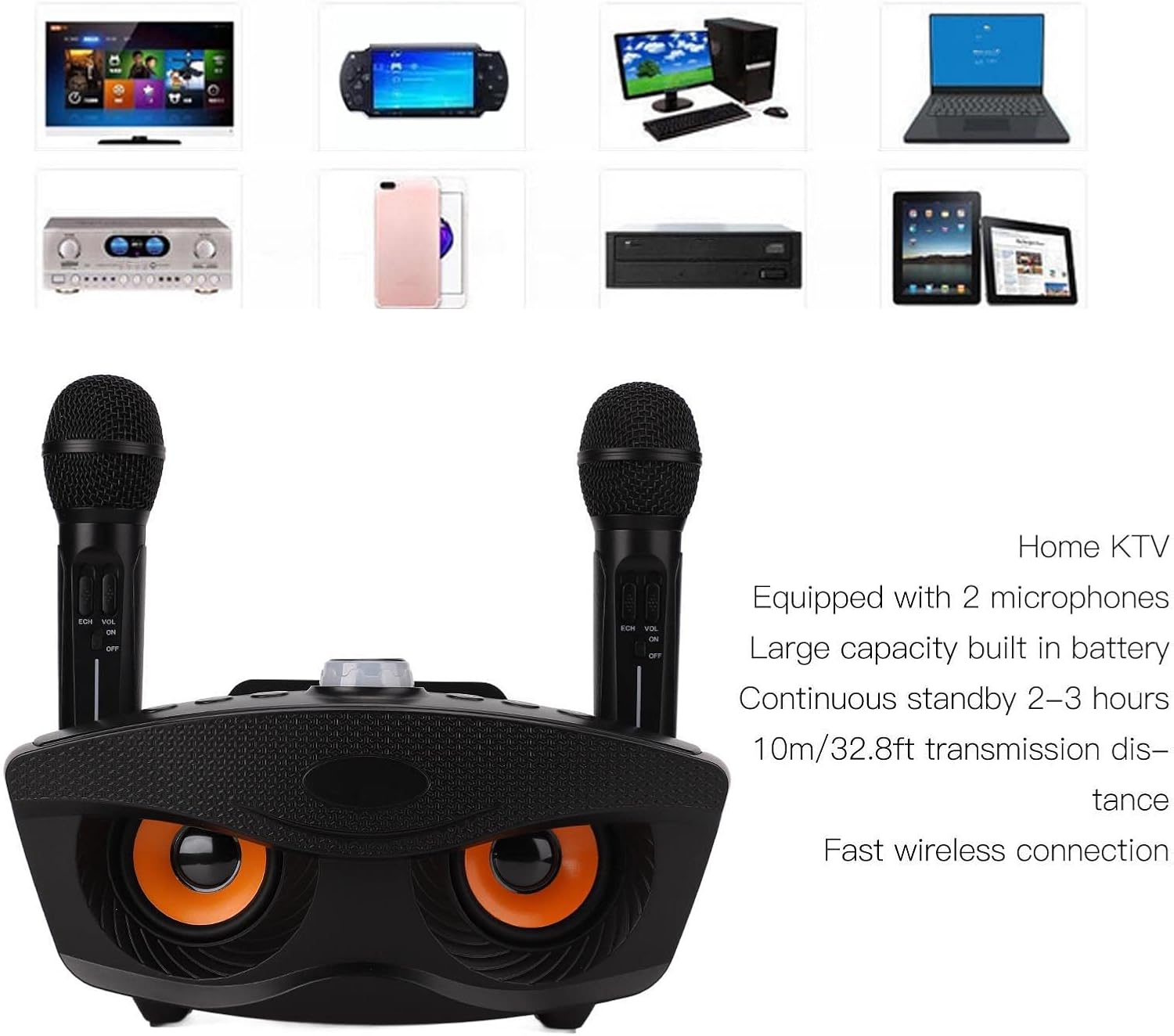 ASHATA Microphone System, Dual Cordless Mic Set Home KTV Stereo Bluetooth Karaoke System, Innovative Owl Karaoke, Support Aux Input, Memory Card and U Disk