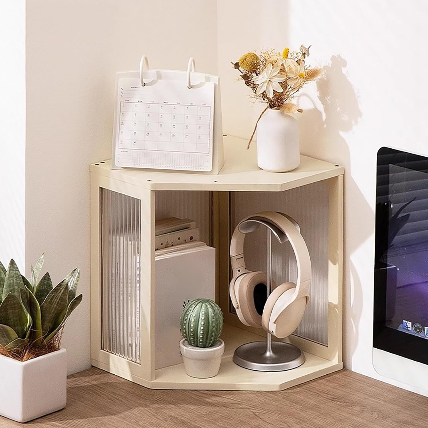 Corner Bookshelf Storage Organizer Bookcase, Height Adjustable Standing Book Shelf Art Easel Rustic Vintage Book Shelf for Living Room Office Library(White-B)