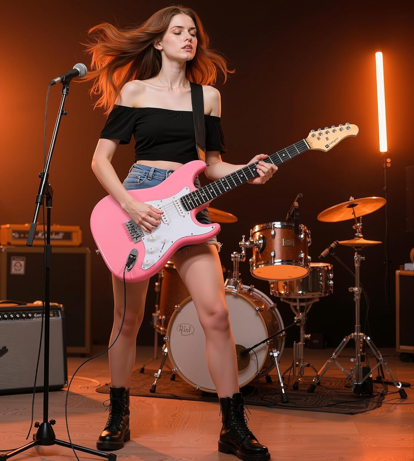 Vangoa 39 Inch Full Size Electric Guitar Beginner Kit Solid Body SSS Pickups with Amp, Bag, Tremolo Bar, Strings, Tuner, Picks, Strap, Capo, Cable for Starter Girls Adults Teens, Petal Pink