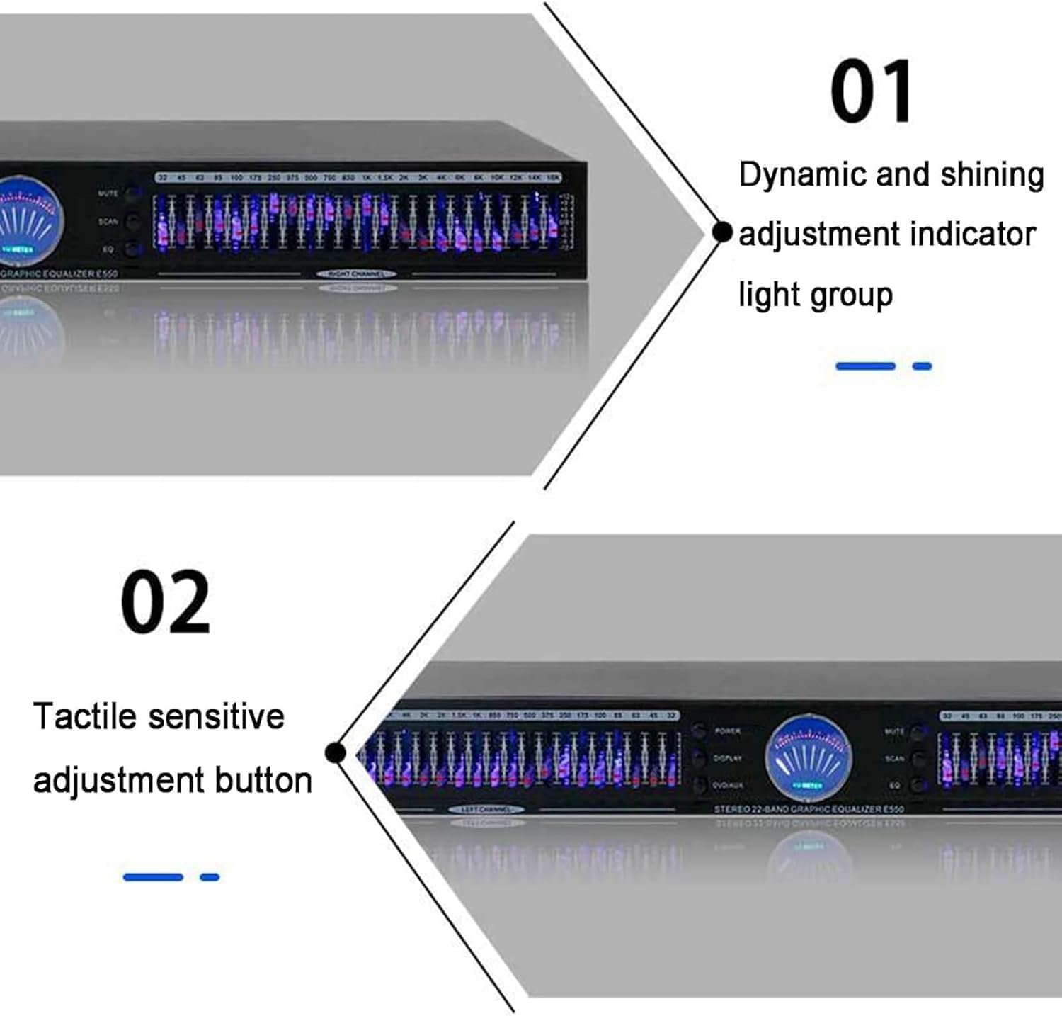 22-Band Audio Equalizer, Stereo Graphic Equalizer with flashing lights, 1U Rack Mount, with 10 Preset Effects, Hifi Home EQ Tuning Noise Reduction, Low/Mid/Treble Adjustment, for Recording Studio