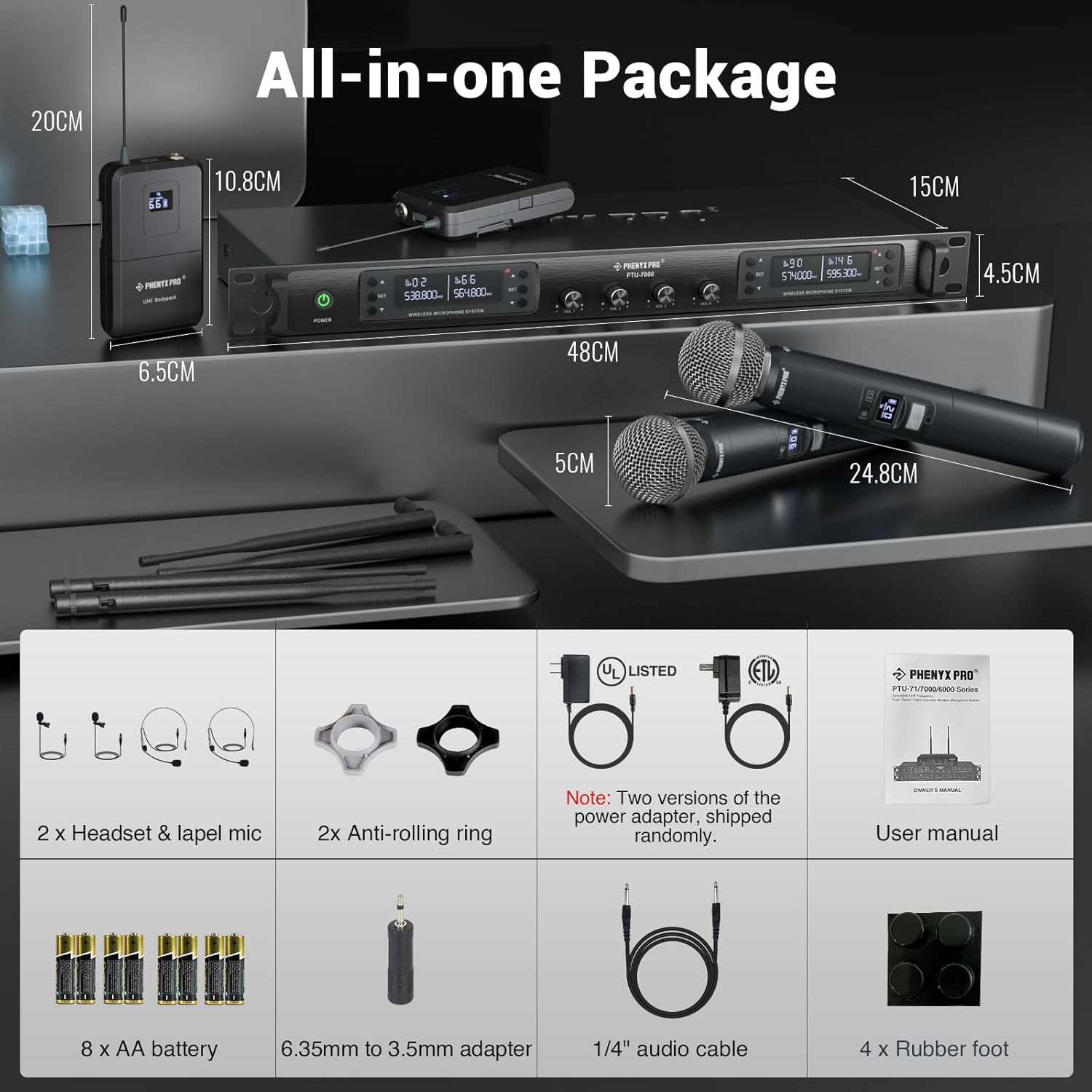 Phenyx Pro 4-Channel Wireless Microphone System w/Auto Scan, 4x40 UHF Frequencies, 2 Handheld Dynamic Mics, 2 Bodypacks & Headsets/Lapel Microphones for Singing, DJ, Church (PTU-7000-2H2B)