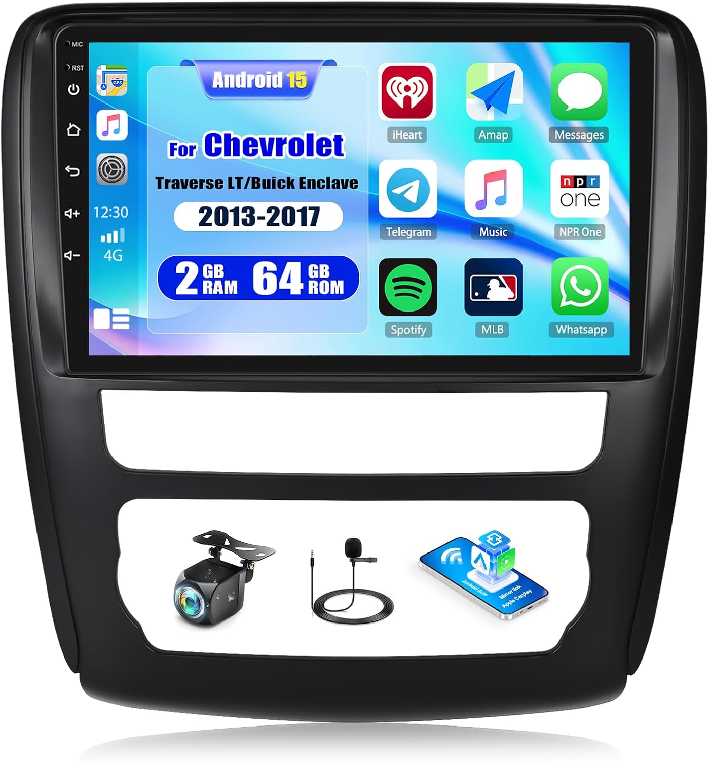 for Chevrolet Traverse LT/Buick Enclave 2013-2017 Android Car Stereo Wireless Carplay Android Auto with WiFi 9 Inch Touch Screen 2G+64G 26UI GPS Navigation AHD Backup Camera FM RDS EQ SWC