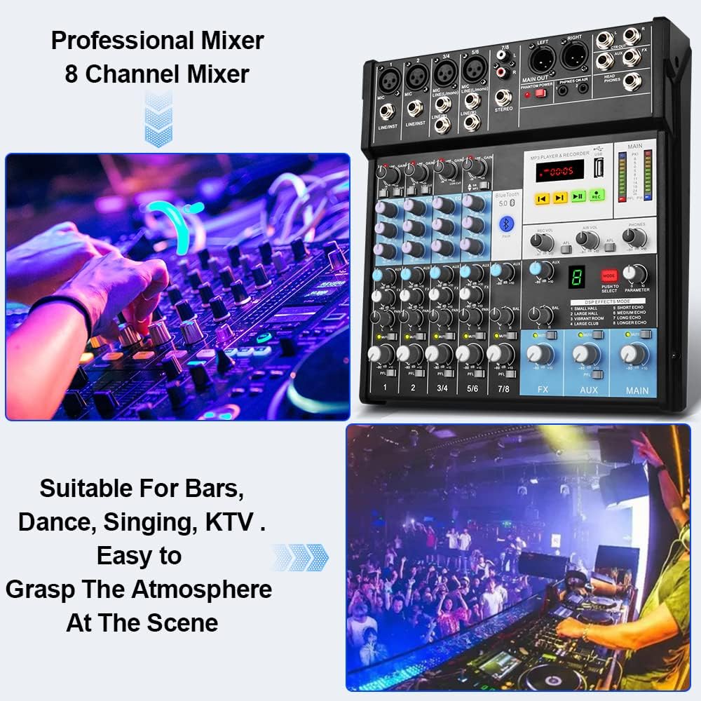 Professional Audio Mixer Sound Board Console 8-Channel DJ Controller Sound Mixer w/ 8-DSP EFFECT, USB Recording Interface, Bluetooth, 48V Phantom Power, Ideal For Live Streaming Depusheng MX8