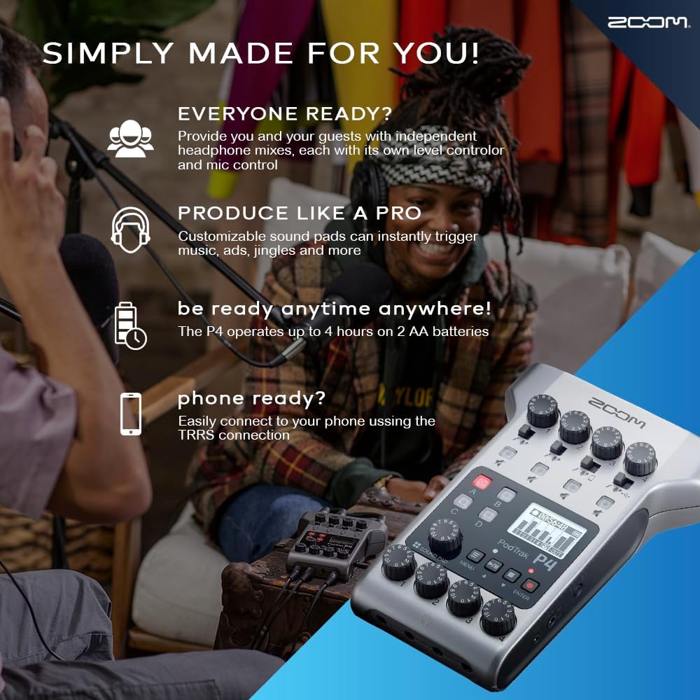 Zoom PodTrak P4 Portable Multitrack Podcast Recorder, Audio Interface w/ 4 Mic Inputs, 4 Headphone Outputs with 64GB SD, 2X XLR Cable, Headphone w/Built-in Mic, Batteries, and More