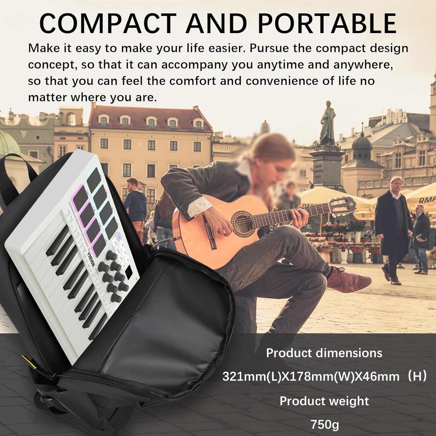 HOEREV MIDI Keyboard Controller With 8 Backlit Drum Pads, Wireless Semi Weighted Professional dynamic Keybed 8 Knobs 25 Keys USB With Lithium Battery,Black