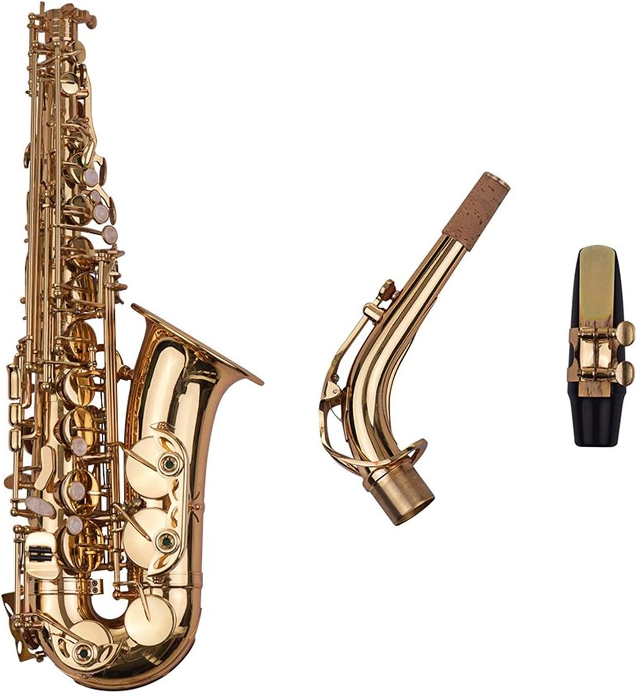 EB Alto Saxophone Sax Brass Lacquered Gold 802 Key Type with Padded Carry Case Gloves Cleaning Cloth Brush Straps Reeds Student Saxophone (Color : Gold)