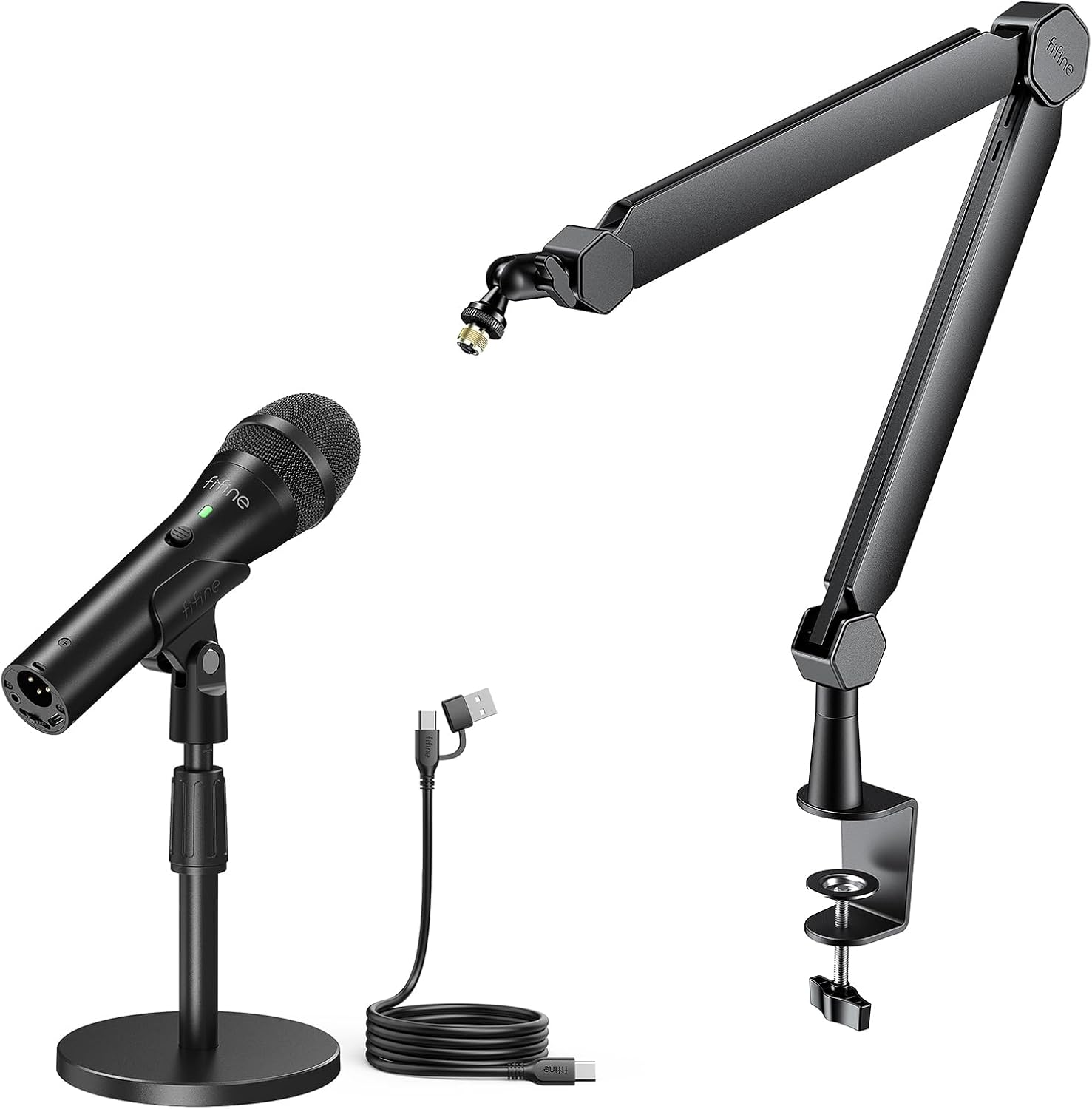 FIFINE XLR/USB Recording Microphone and Boom Arm Kit, Podcast Microphone with Mute, Volume Control, Monitoring, Mic Arm Stand Bundle with Cable Management for Vocal, Voice-Over (Tank2+BM66)