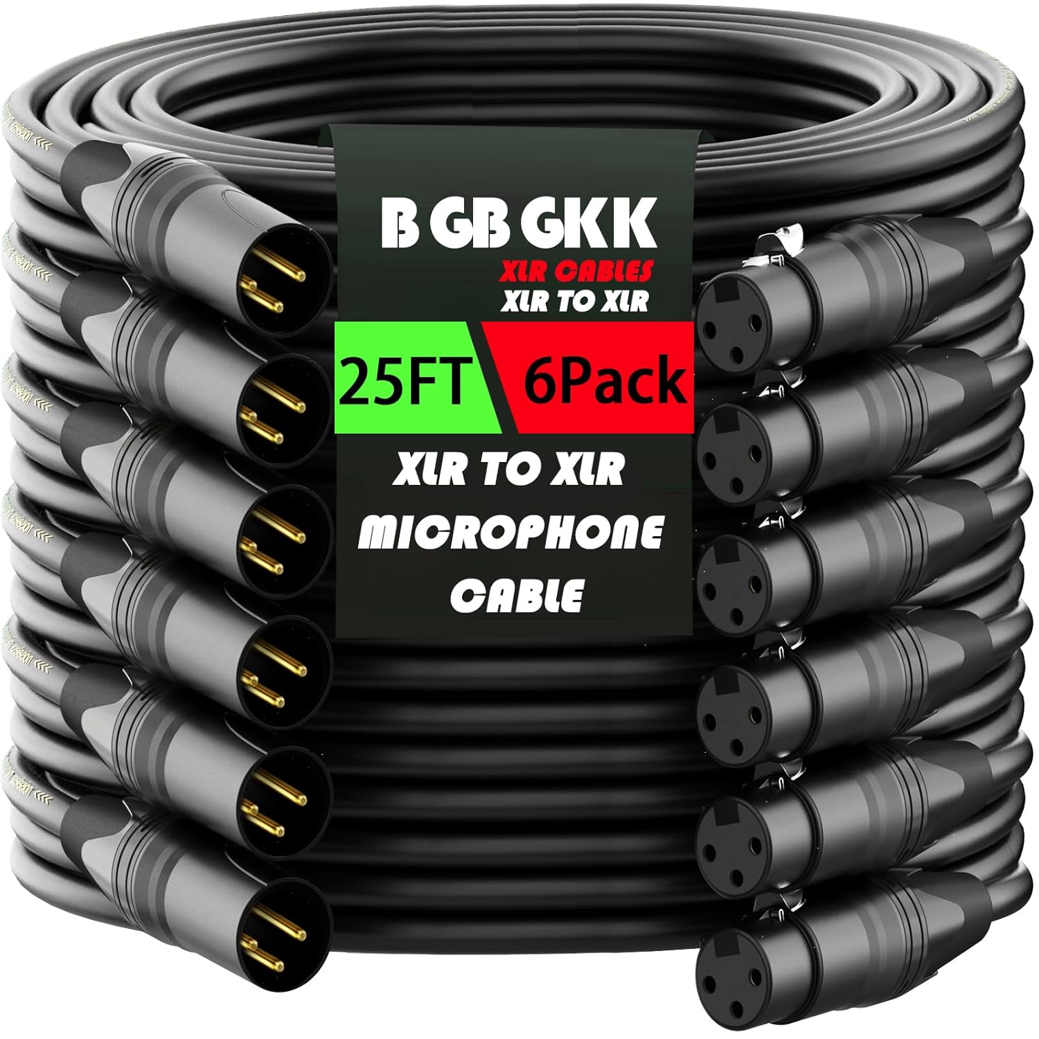 XLR Cables 25ft 6 Pack, Professional X LR to XL R Microphone Cable, Gold-Plated 3-pin XLR Speaker Cable Balanced Mic C able Male to Female, Black