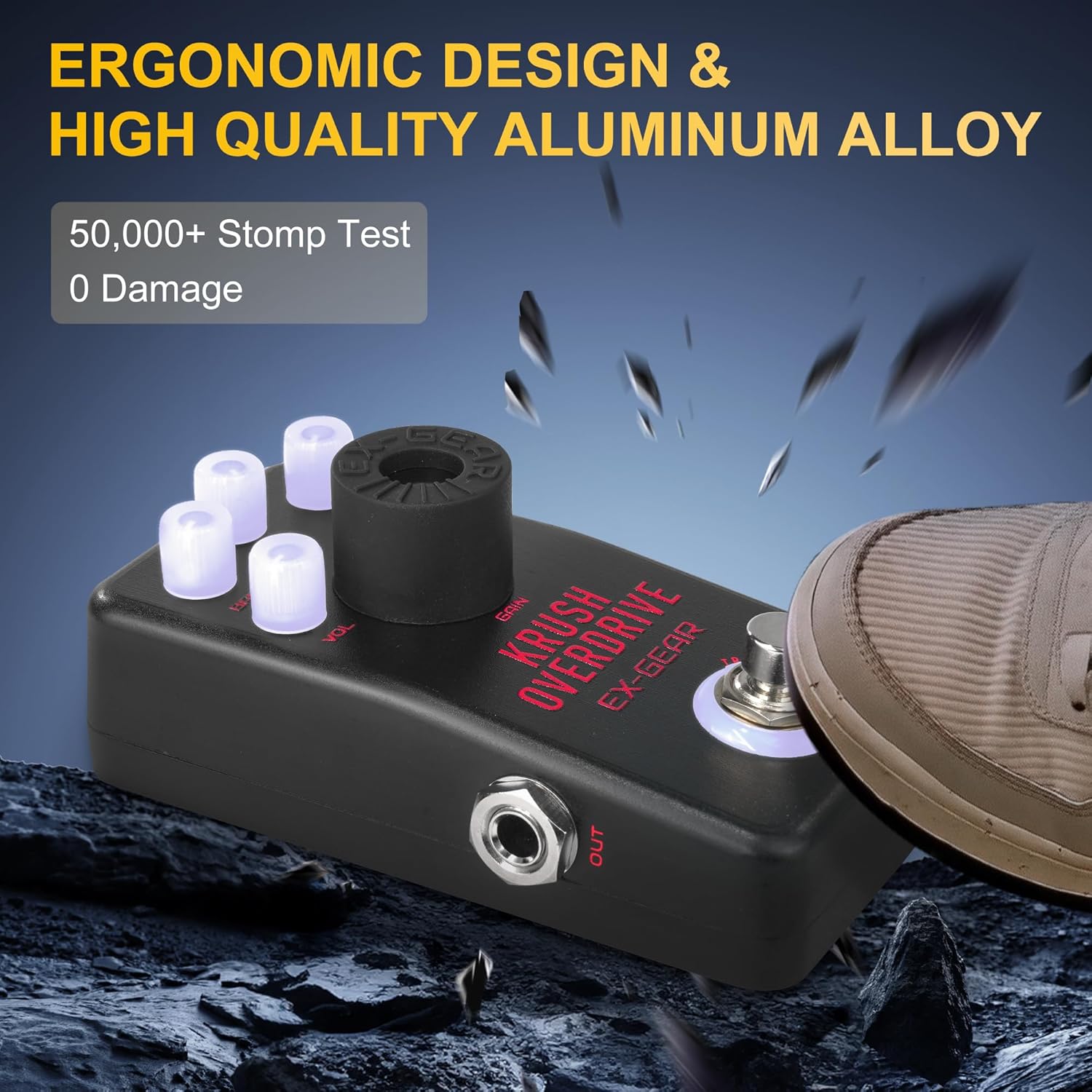 EXGEAR Professional Krush Overdrive Pedal, High-Gain Rock & Metal Guitar Effects Pedal, with Magnetic Base, Illuminated Stage-Ready LED Knobs & Custom Protective Gain Cover