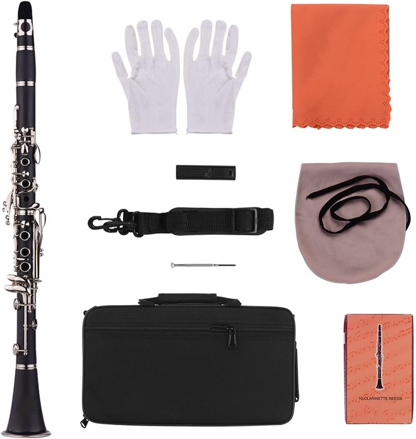 KESHUO Bb Flat 17-Key Clarinet with Carry Case Gloves Cloth Mini Screwdriver Reed Case 10pcs Reeds Woodwind Instrument Flute Student Standard Clarinet Set (Color : Black)