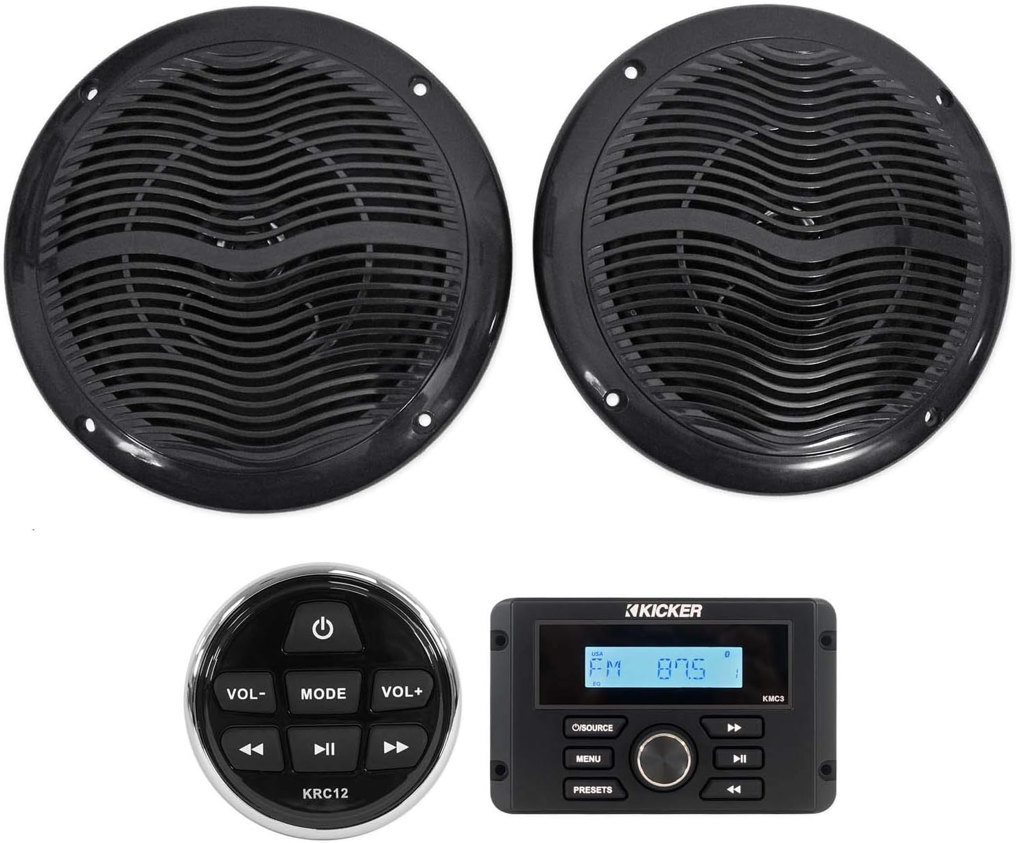 Kicker KMC3 Marine Digital Media Gauge Receiver w/Bluetooth/USB for Boat/ATV/UTV Bundle with Kicker KRC12 Remote Control for Marine Receiver and Pair Rockville RMC65B Marine Boat Speakers