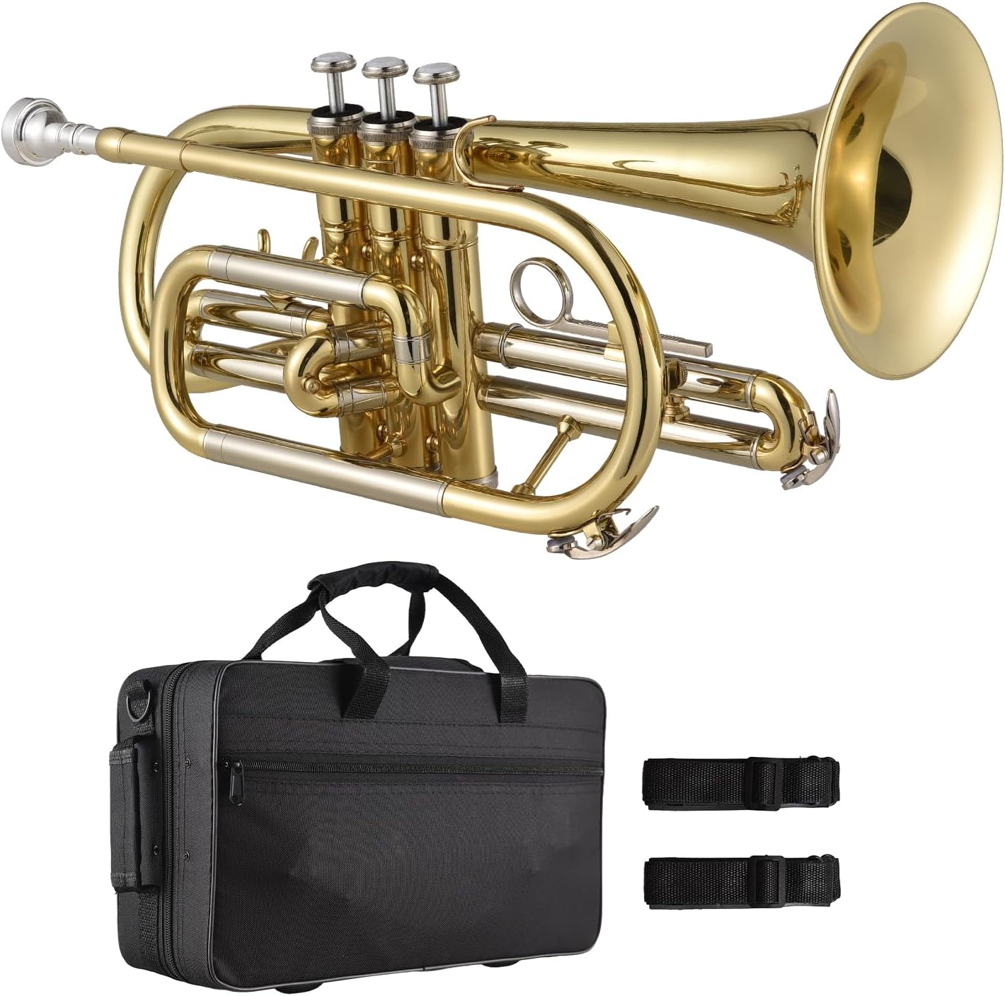 Bb Cornet Brass Instrument Surface Paint Gold Treatment Professional Brass Cornet with Carrying Case Gloves Cleaning Cloth Brushes for Students and Beginners