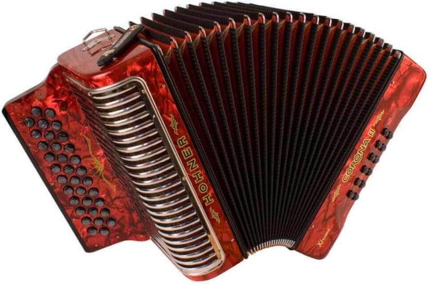 Hohner Corona Xtreme II 34 Pearloid, 31 Treble and 12 Standard Bass Buttons Bisonoric Accordion with Diatonic Class and 2 Voices MM (FBbEb Keys, Pearl Red)