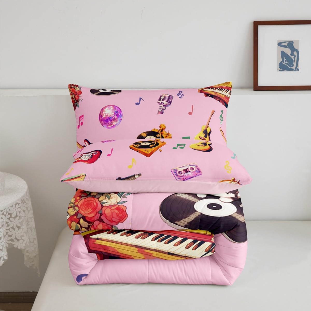 Colorful Music Notes Kids Comforter Set King Size,Guitar Bass Musical Instrument Theme Reversible Quilted Duvet with 2 Pillowcases Disco Style Phonograph Piano Pink Comforter for Boys Teens Bedroom