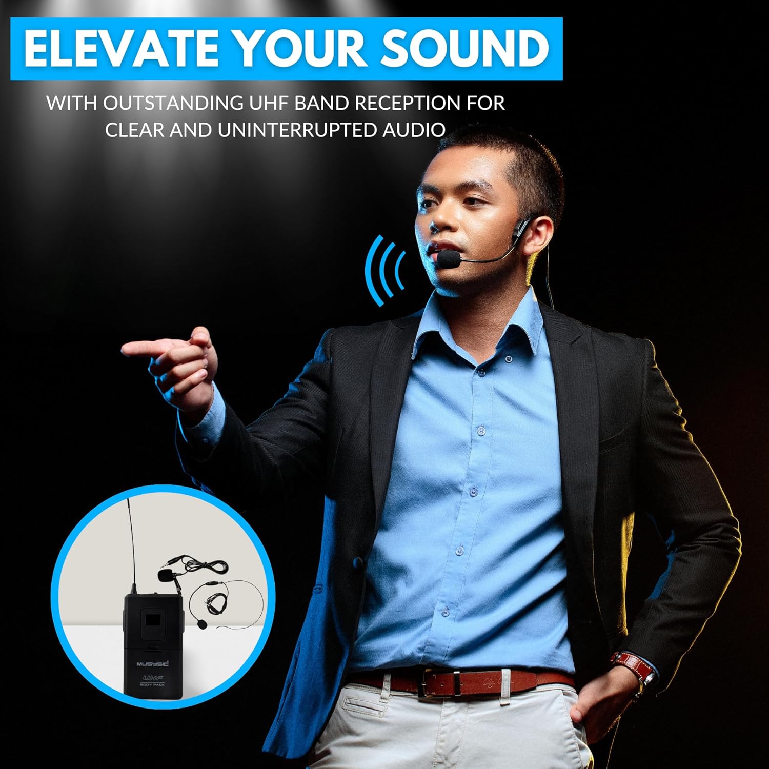 MUSYSIC 8-Channel Professional Wireless UHF Microphone System, 300ft Range Fixed Frequency Bodypack Headset/Lapel Microphones for Singing, Karaoke, Church, DJ (Frequency Set 2)