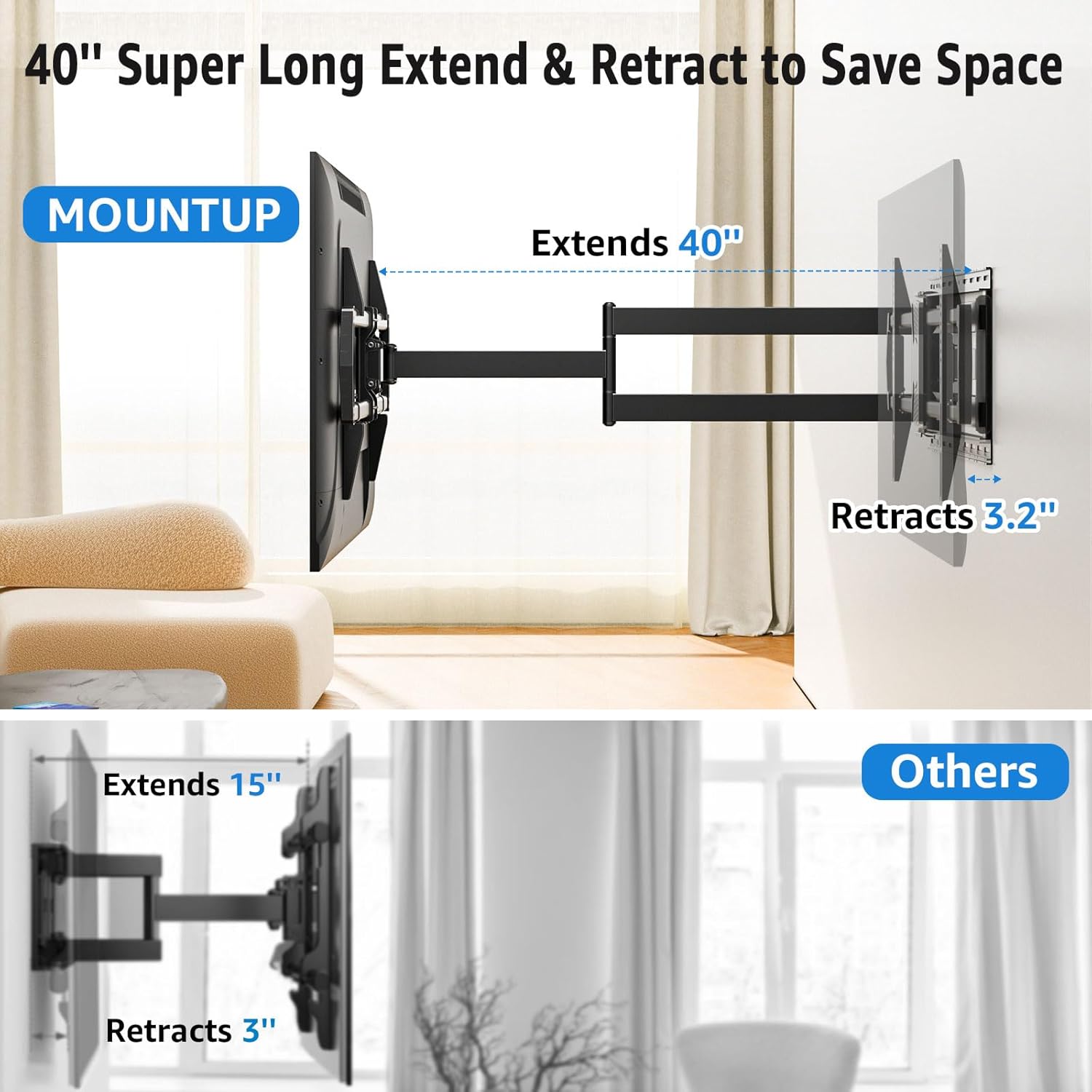 MOUNTUP Long Arm TV Wall Mount with 40’’ Extension, Full Motion TV Mount for Most 42''-90'' TVs, Corner Bracket with Swivel Tilt Max VESA 800x400mm Load Up to 150 LBS Fit 16/18/24'' Stud MU0059