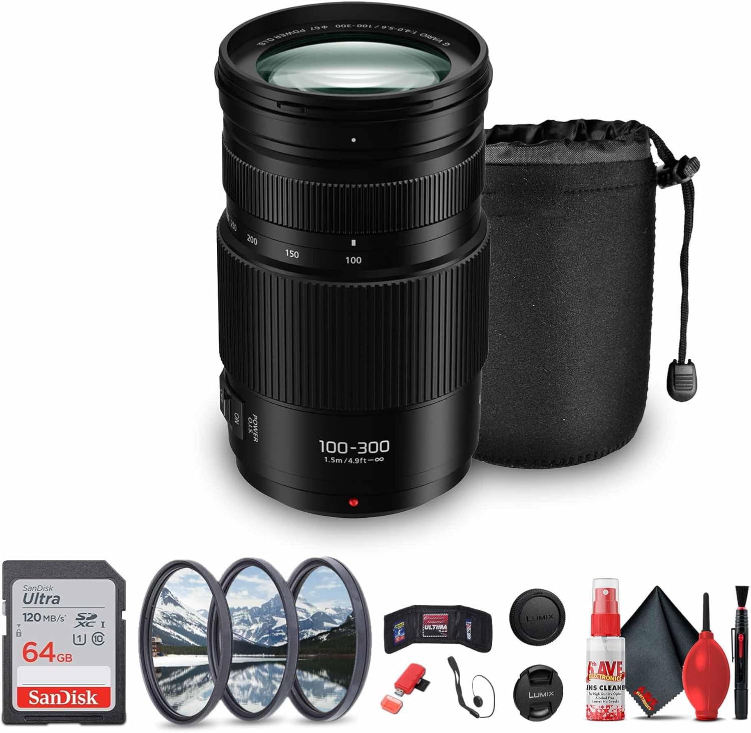 Panasonic Lumix G Vario 100-300mm f/4.5-5.6 Lens (H-FSA100300) Bundle Including: 64 GB Memory Card, 3-Piece Filter Kit, Lens Pouch, Lens Caps, Cleaning Kit, Lens Cap Keeper, Card Reader, Card Wallet
