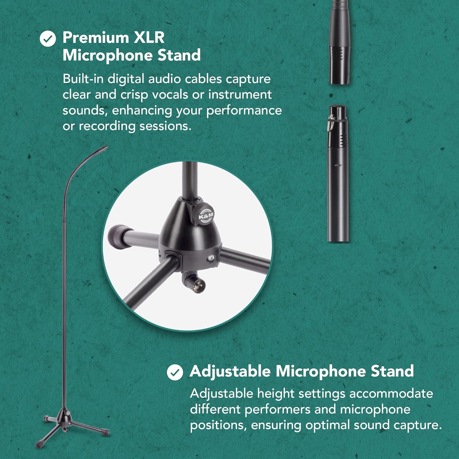 K&M Konig & Meyer XLR Microphone Stand with Gooseneck - Black Mic Stand for Studio, Stage or Rehearsal - Lightweight Boom Arm Made of Steel and Foldable Legs - 3.3kg