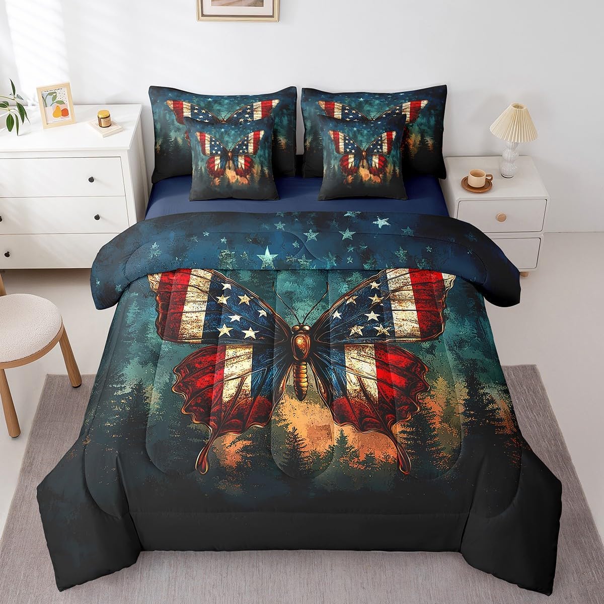 7 Pcs American Flag Butterfly King Bedding Sets with Comforter,Flat & Fitted Sheet,Pillowcases,Pillow Covers Vintage Stars Stripes Moth Comforter Set for Kids Teens Adults Bedroom Dorm Bed Set