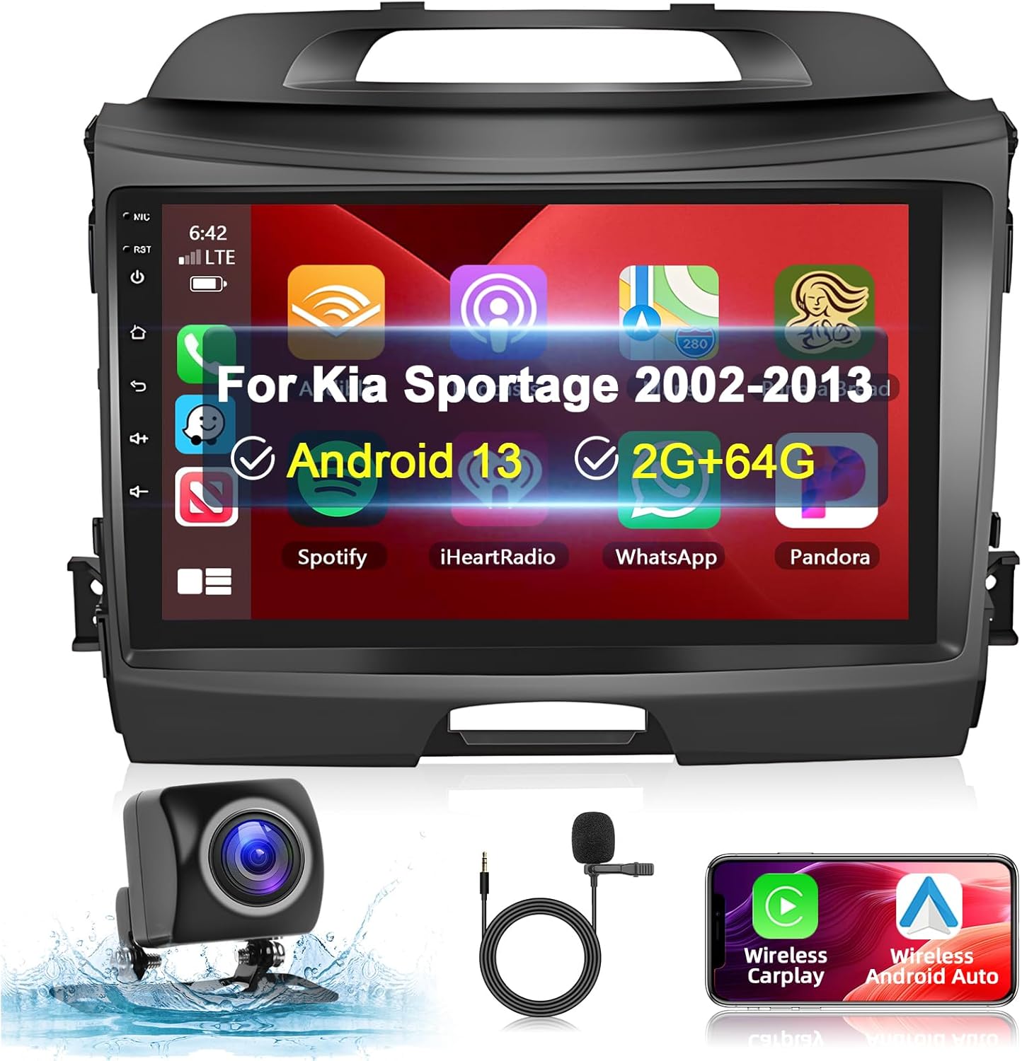 2G+64G Car Stereo for Kia Sportage 2010 2011 2012 2013 2014 2015 2016 with Wireless Apple Carplay Android Auto,9 Inch Touchscreen Car Radio with Bluetooth/GPS/WiFi/SWC/FM&RDS Radio+Backup Camera+MIC