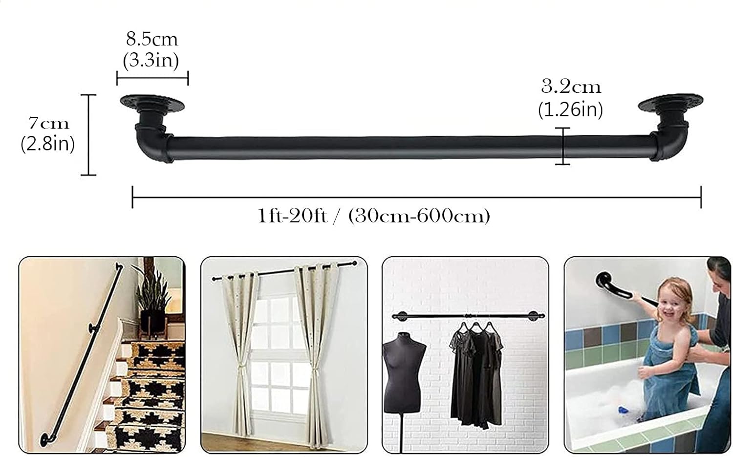 Industrial Pipe Handrail Kit 1ft-20ft, Metal Staircase Handrail Iron Pipe Baluster Stair Hand Railing for Indoor & Outdoor Wall Mount Support, Stairs Porch Deck Hand Rail, Round Corner (Size : 12ft/3