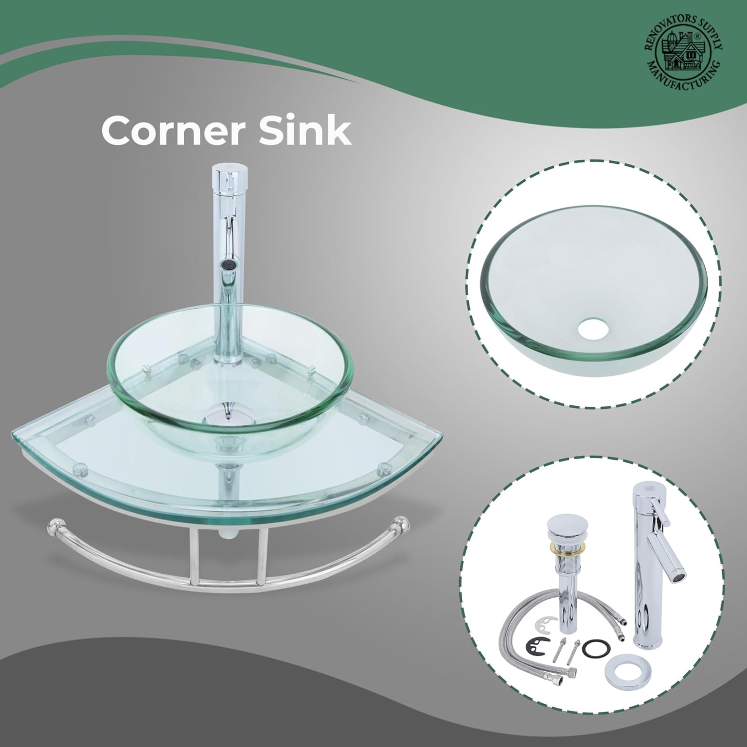Renovators Supply Talula Corner Glass Wall Mounted Sink Round Shape Wall Hung Bathroom Vessel Sink Crystal Clear Tempered Glass Console With Chrome Faucet, Pop Up Sink Drain And Towel Bar Combo