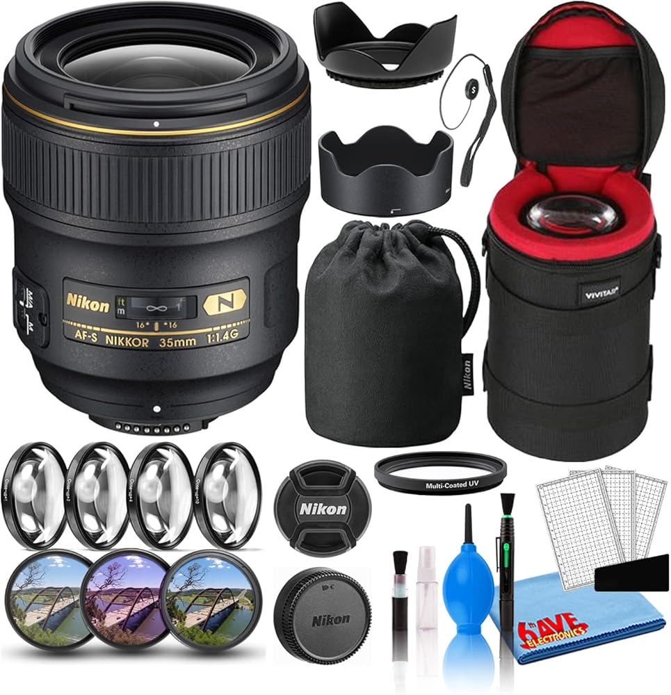 Nikon AF-S NIKKOR 35mm f/1.4G Wide-Angle Prime Lens (2198) with Padded Lens Case + Macro Filter Kit + UV, CPL, FL Lens Filters + Tulip Hood + Lens Cap Keeper + Cleaning Kit (Renewed)