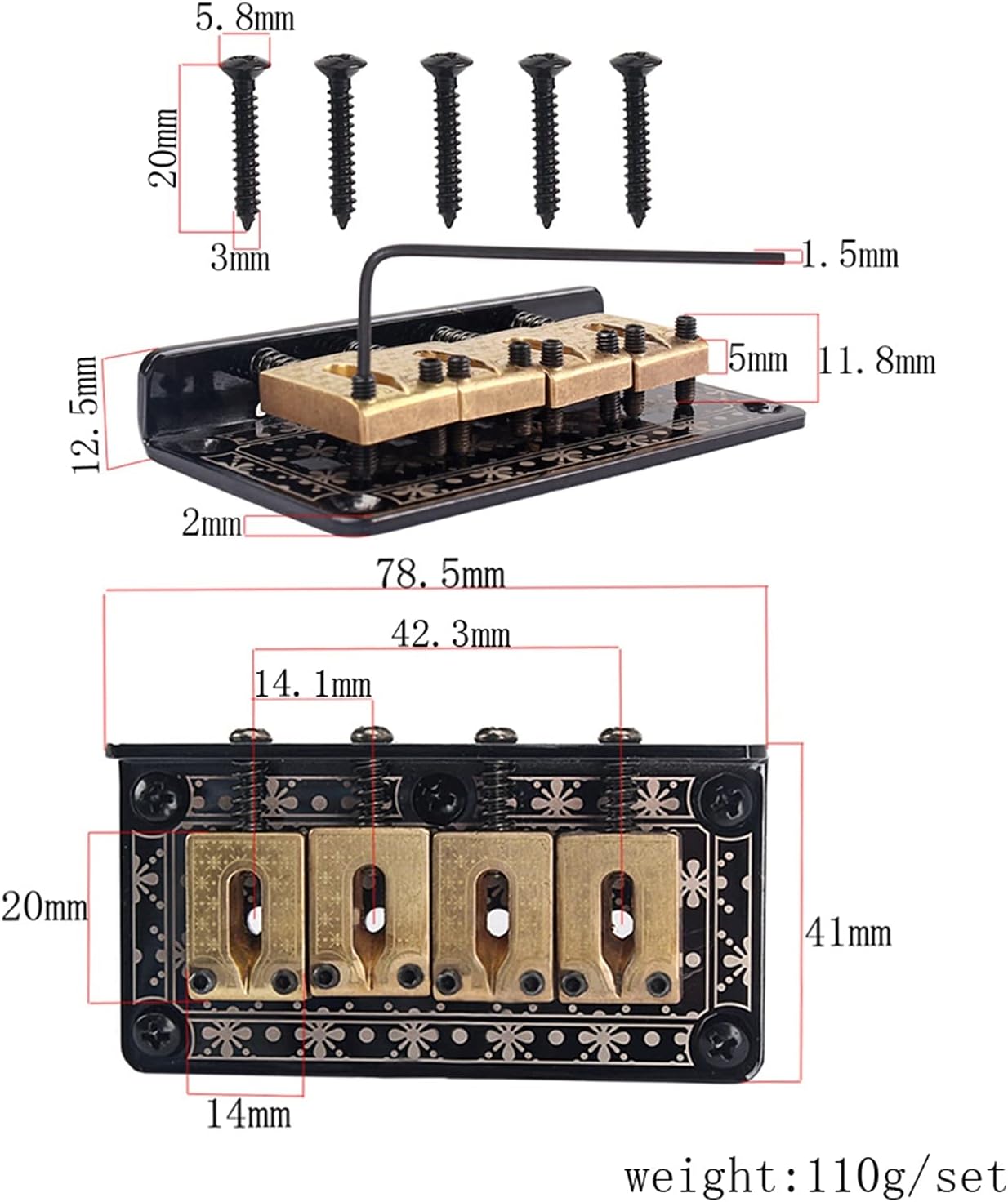 Guitar Saddle Bridge Hardtail with Screws Wrench Bass Guitar Replacement Parts Black Electric Guitar Bridge