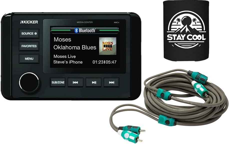KICKER Receiver and Speakers Package of 2 Items - in-Dash KM Series Digital Media Marine Receiver with RCA Audio Cable - Stereo Kit - 46KMC4 Receiver & 47KMI10 Cable
